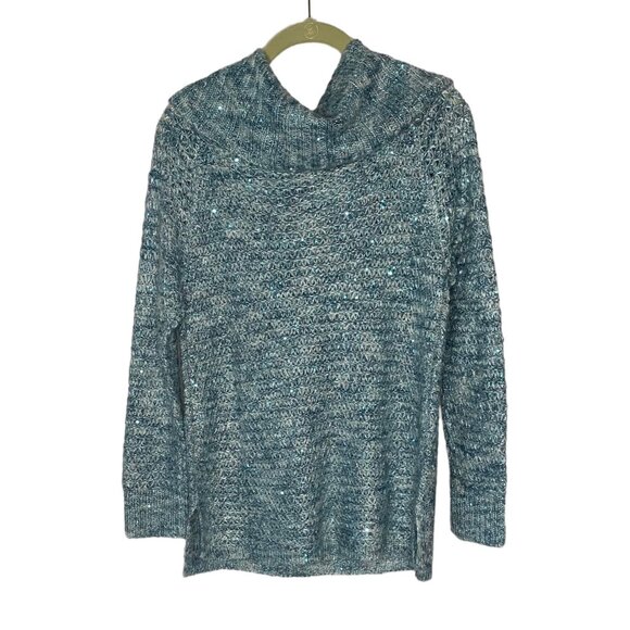 CHICO'S Turquoise Blue "Dorothy" Off-Shoulder Sequins Long-Sleeve Sweater NWT S - Picture 8 of 9